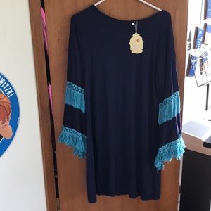 Navy Blue Tunic Dress with Bell Sleeves